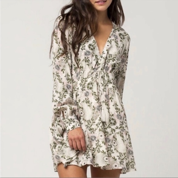 Free People Ivory Stealing Fire Peasant Mini Dress Green Floral - Picture 1 of 14